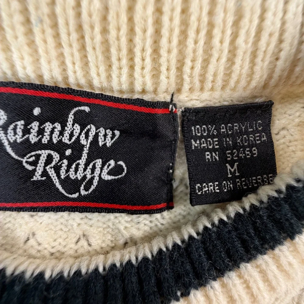 Rainbow Ridge Vintage Sweater Medium Cream Black Fair Isle Nordic Knit Korea 80s